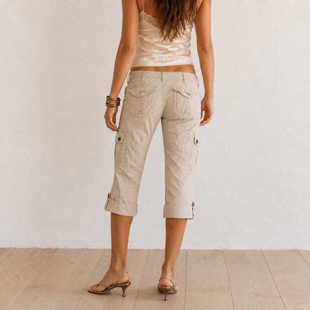 Amethyst Y2K NWT Deadstock Khaki Low Rise Cargo Bootcut Capri Pants - Picture 2 of 14